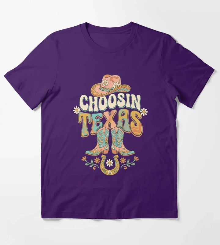 Choosin Texas Groovy Cowgirl Boot Hat Horseshoe T-Shirt Purple