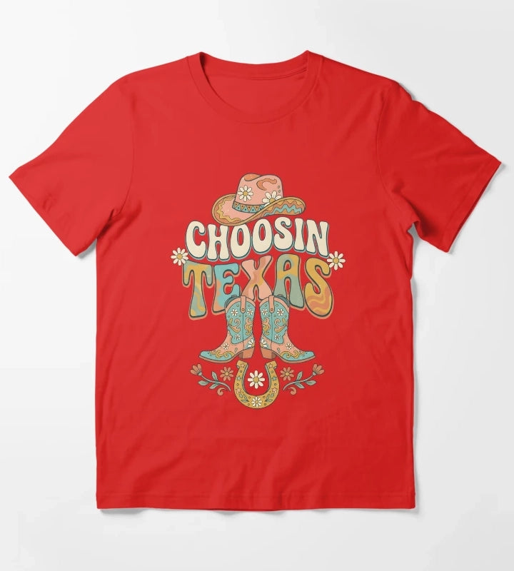 Choosin Texas Groovy Cowgirl Boot Hat Horseshoe T-Shirt Red