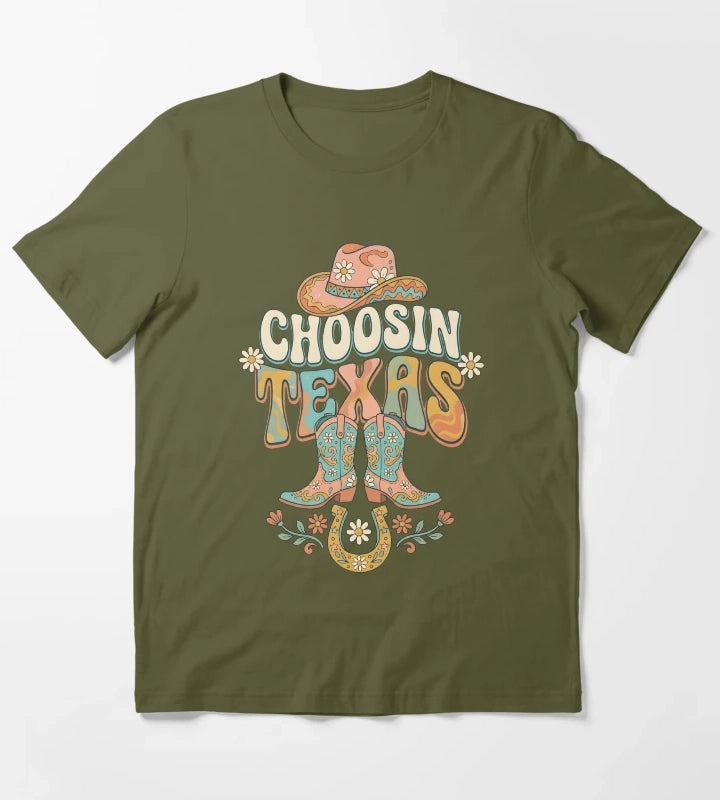 Choosin Texas Groovy Cowgirl Boot Hat Horseshoe T-Shirt Olive Green