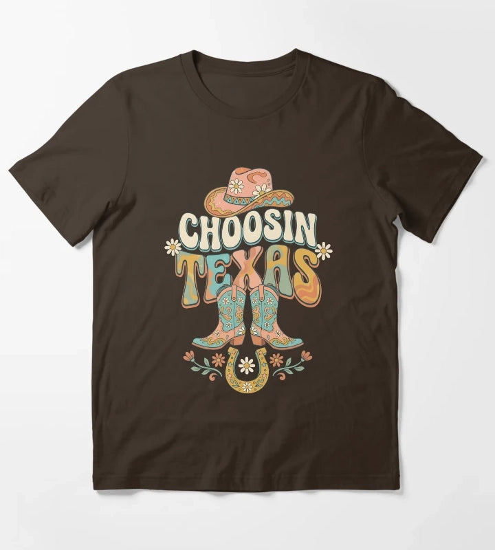 Choosin Texas Groovy Cowgirl Boot Hat Horseshoe T-Shirt Brown