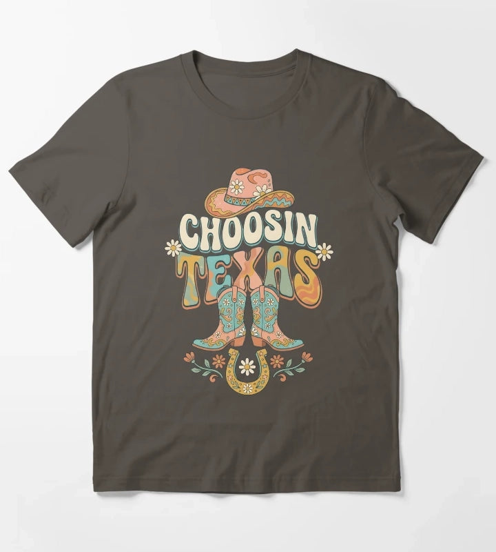 Choosin Texas Groovy Cowgirl Boot Hat Horseshoe T-Shirt Dark Grey