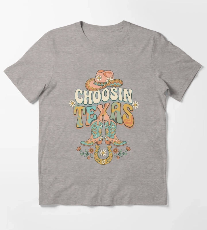 Choosin Texas Groovy Cowgirl Boot Hat Horseshoe T-Shirt Heather Grey
