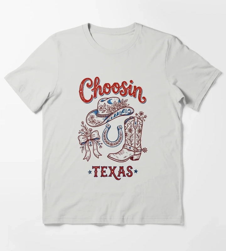 Choosin Texas Vintage Cowgirl Boot Hat Horseshoe T-Shirt Light Grey