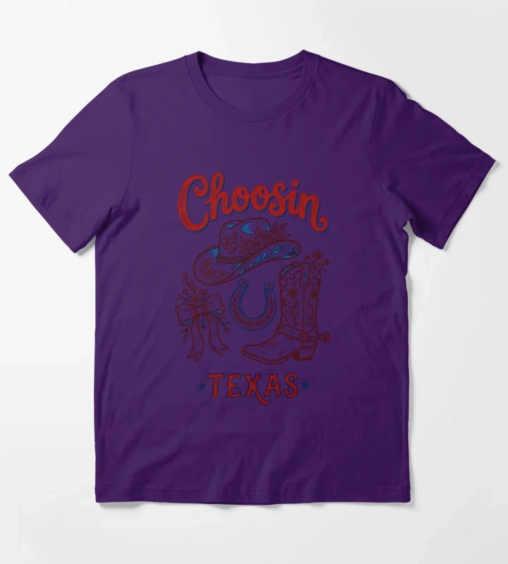 Choosin Texas Vintage Cowgirl Boot Hat Horseshoe T-Shirt Purple