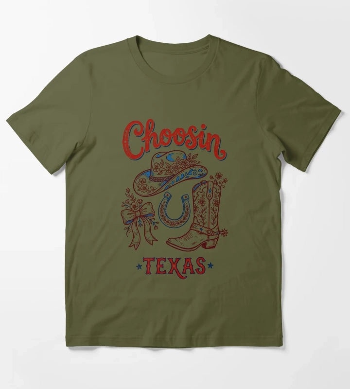 Choosin Texas Vintage Cowgirl Boot Hat Horseshoe T-Shirt Olive Green