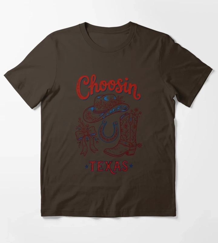 Choosin Texas Vintage Cowgirl Boot Hat Horseshoe T-Shirt Brown