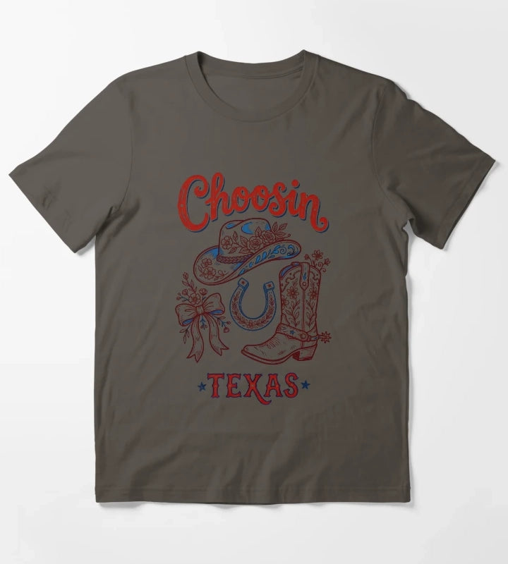 Choosin Texas Vintage Cowgirl Boot Hat Horseshoe T-Shirt Dark Grey