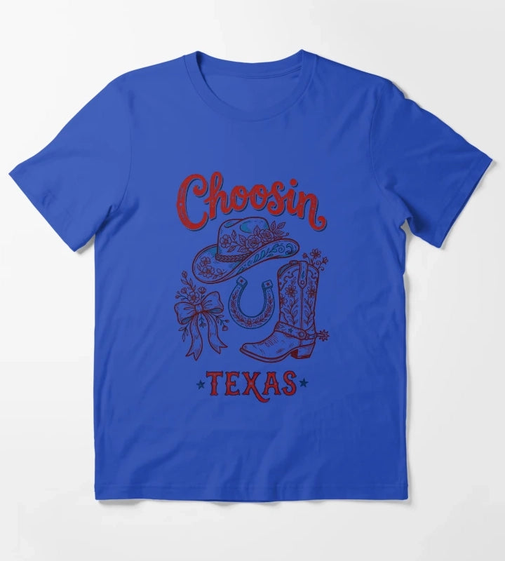 Choosin Texas Vintage Cowgirl Boot Hat Horseshoe T-Shirt Blue