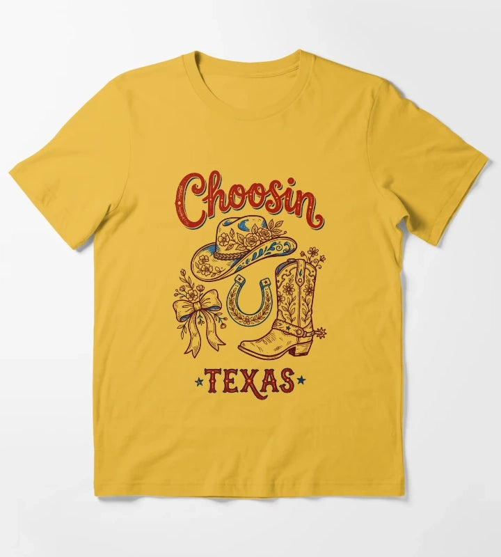 Choosin Texas Vintage Cowgirl Boot Hat Horseshoe T-Shirt Yellow