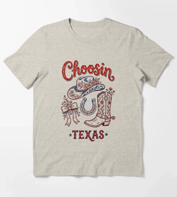 Choosin Texas Vintage Cowgirl Boot Hat Horseshoe T-Shirt Cream