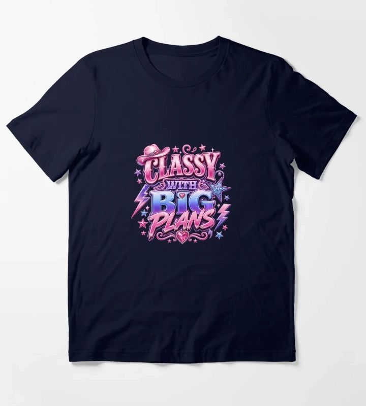 Classy With Big Plans Retro Cowgirl Typography Pink Western Y2K Aesthetic Graphic design T-Shirt Navy