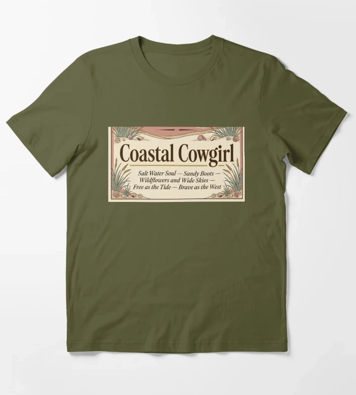 Coastal Cowgirl Manifesto Salt Water Soul Sandy Boots Typographic Art Coastal Cowgirl Gift T-Shirt Olive Green