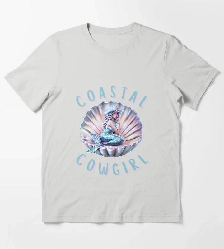 Coastal Cowgirl Mermaid in Shell Retro Western Beach Aesthetic Design T-Shirt Light Grey