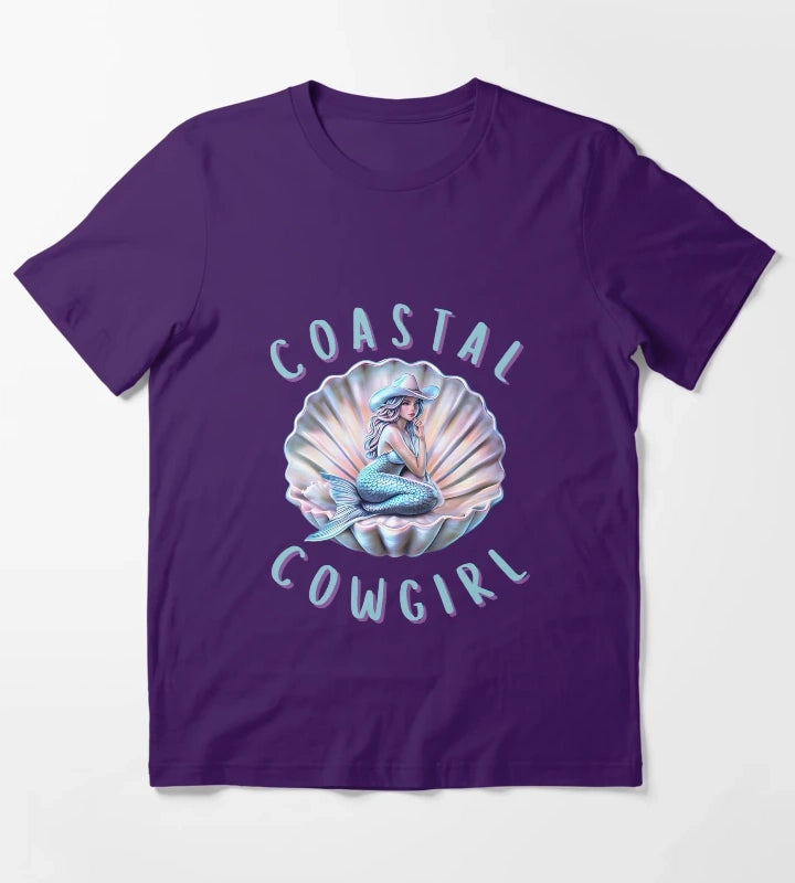 Coastal Cowgirl Mermaid in Shell Retro Western Beach Aesthetic Design T-Shirt Purple