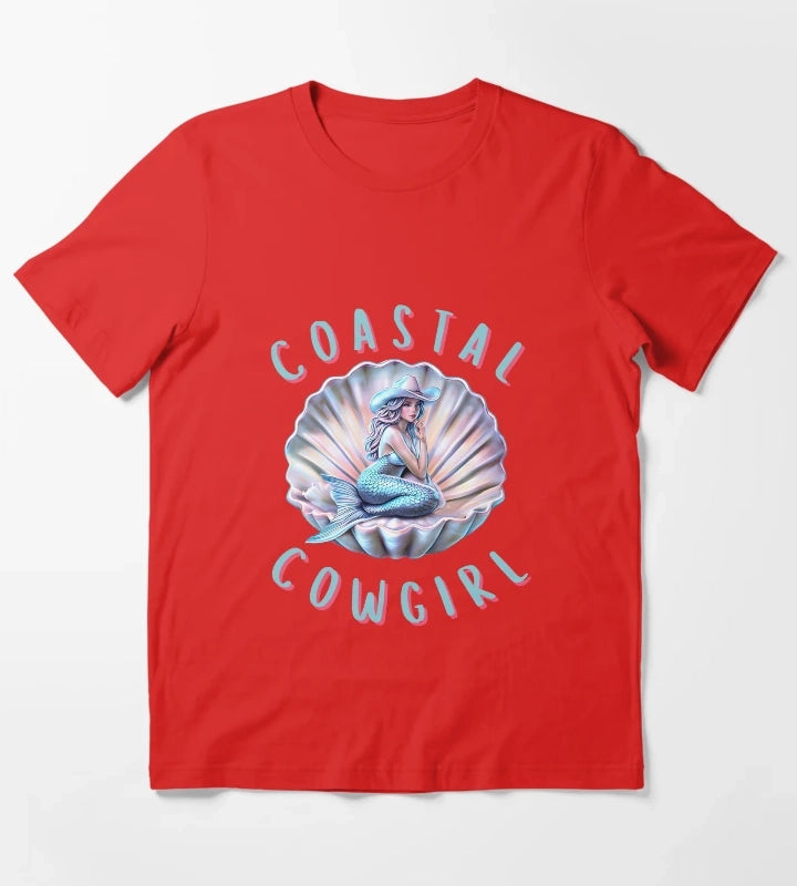 Coastal Cowgirl Mermaid in Shell Retro Western Beach Aesthetic Design T-Shirt Red