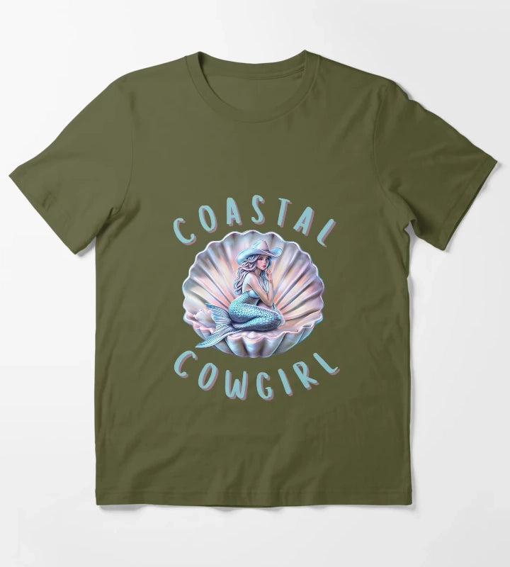 Coastal Cowgirl Mermaid in Shell Retro Western Beach Aesthetic Design T-Shirt Olive Green