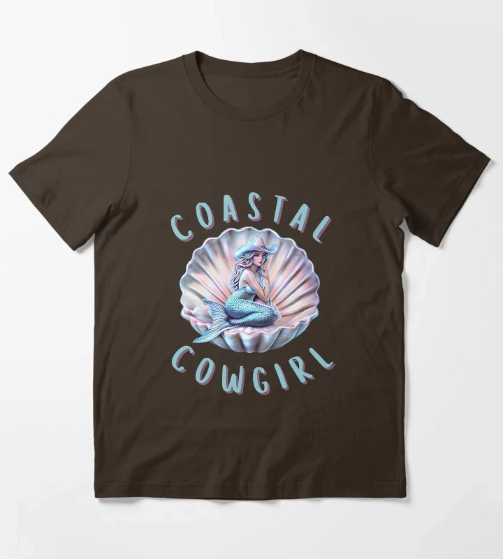 Coastal Cowgirl Mermaid in Shell Retro Western Beach Aesthetic Design T-Shirt Brown