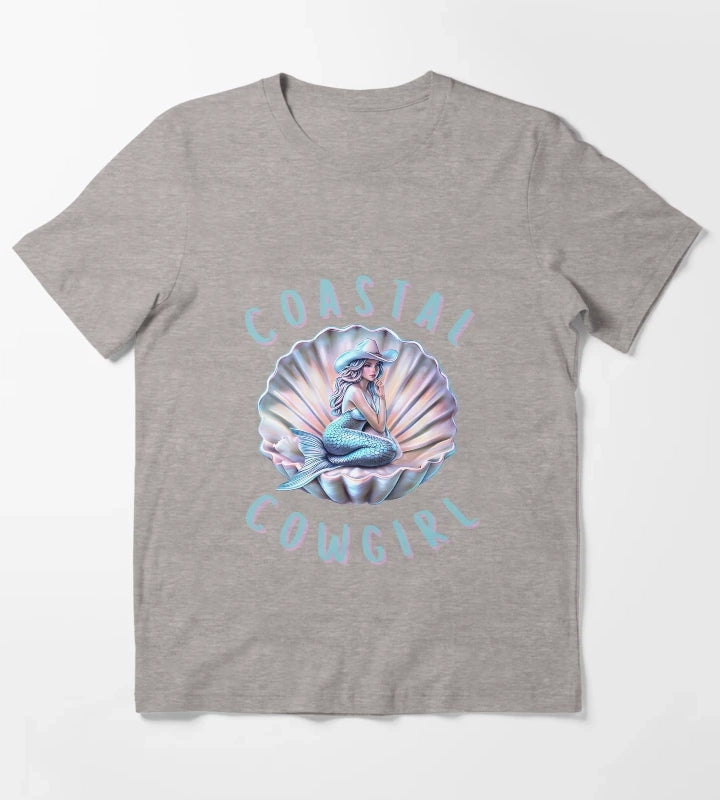 Coastal Cowgirl Mermaid in Shell Retro Western Beach Aesthetic Design T-Shirt Heather Grey