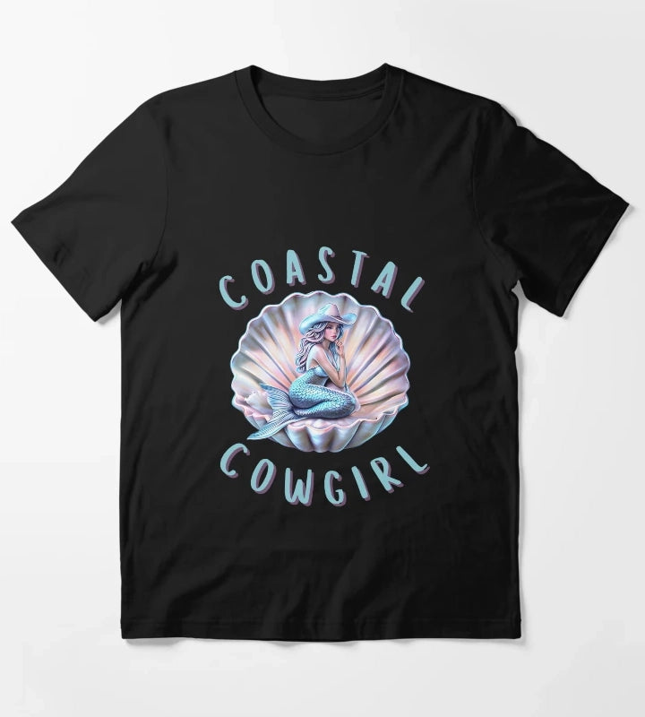 Coastal Cowgirl Mermaid in Shell Retro Western Beach Aesthetic Design T-Shirt