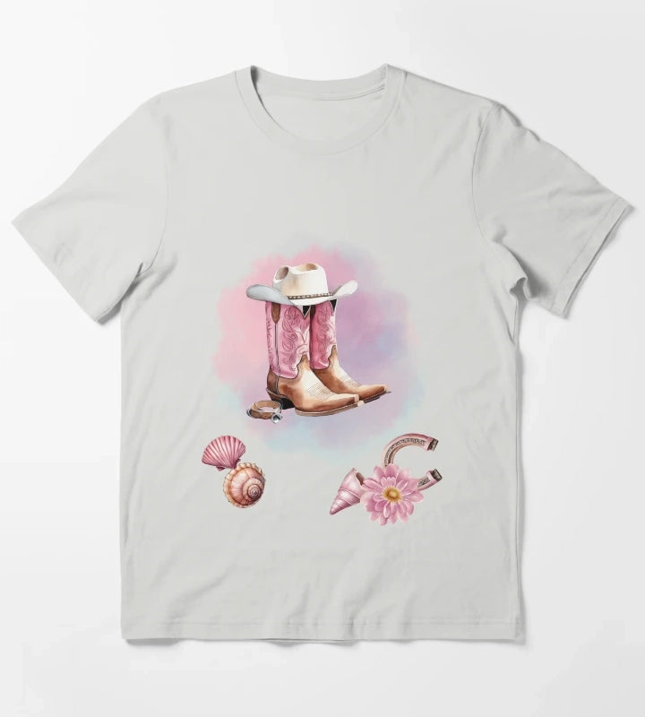Coastal Cowgirl Pink Watrercolor T-Shirt Light Grey