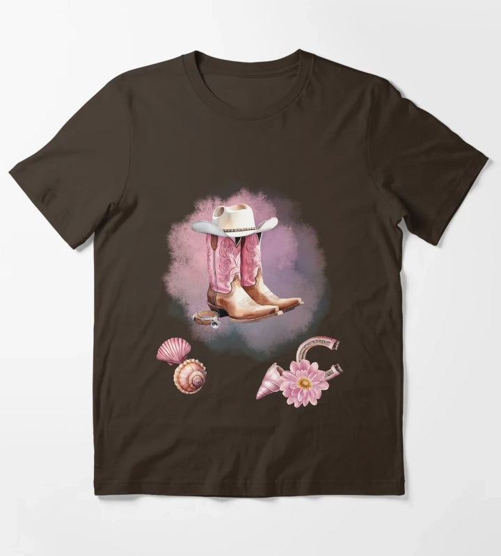 Coastal Cowgirl Pink Watrercolor T-Shirt Brown