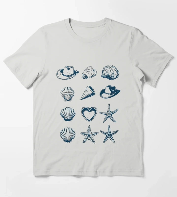 Coastal Cowgirl Shell and Cowgirl Hat Minimalist Design T-Shirt Light Grey