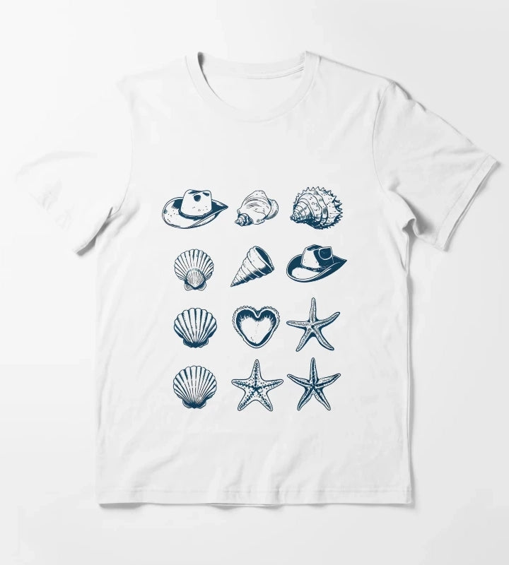 Coastal Cowgirl Shell and Cowgirl Hat Minimalist Design T-Shirt White