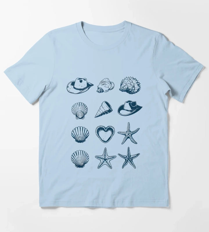 Coastal Cowgirl Shell and Cowgirl Hat Minimalist Design T-Shirt Sky Blue