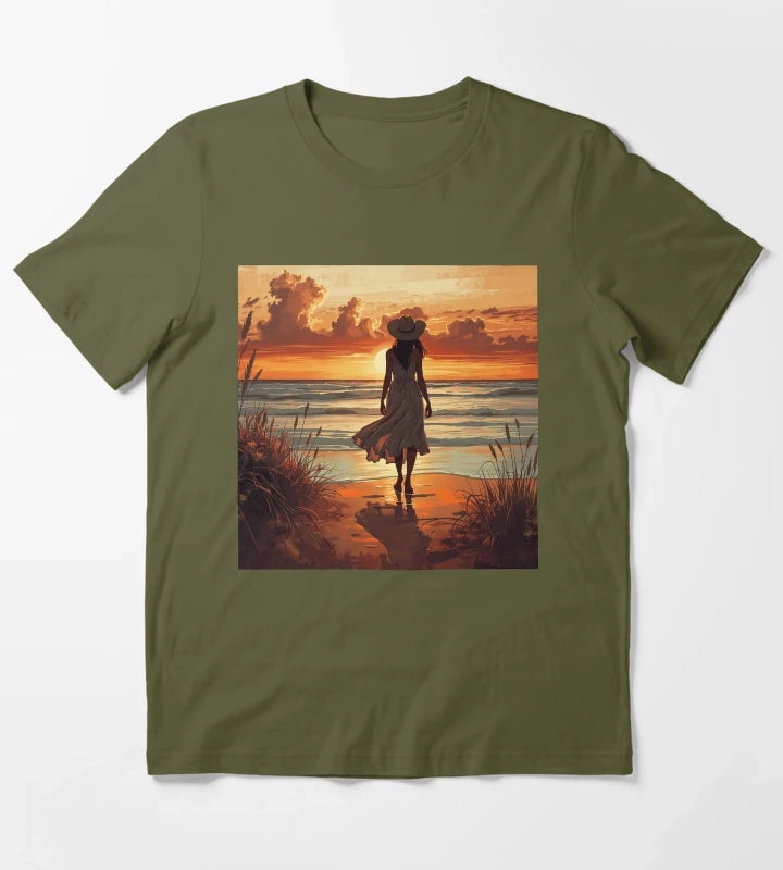 Coastal Cowgirl Sunset Silhouette Golden Hour Beach Aesthetic Art Coastal Cowgirl Gift T-Shirt Olive Green