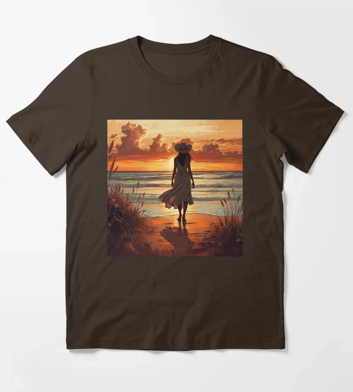 Coastal Cowgirl Sunset Silhouette Golden Hour Beach Aesthetic Art Coastal Cowgirl Gift T-Shirt Brown