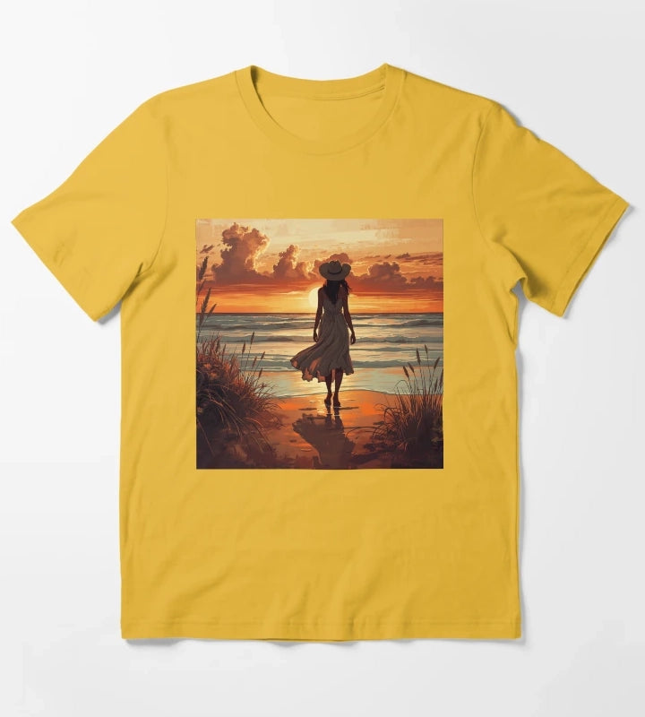 Coastal Cowgirl Sunset Silhouette Golden Hour Beach Aesthetic Art Coastal Cowgirl Gift T-Shirt Yellow
