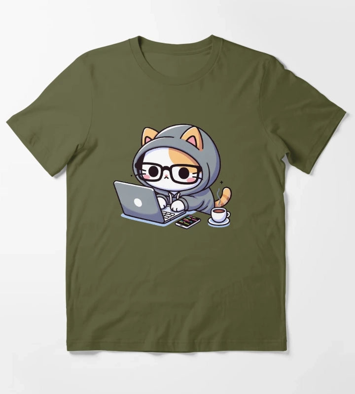 Coder Cat CoffeeFueled Sessions T-Shirt Olive Green