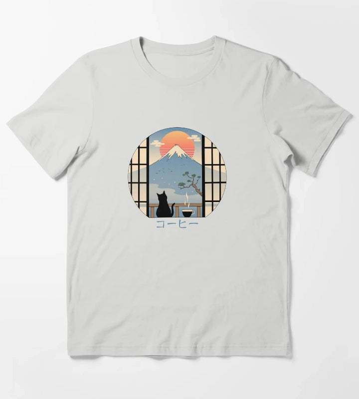 Coffee Cat in Mt Fuji T-Shirt Light Grey