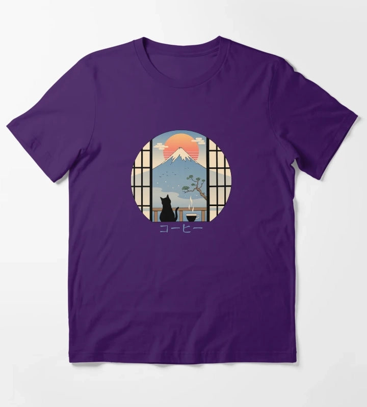 Coffee Cat in Mt Fuji T-Shirt Purple