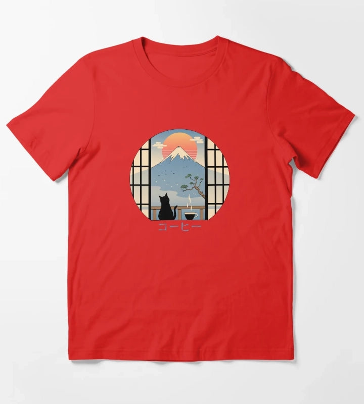 Coffee Cat in Mt Fuji T-Shirt Red