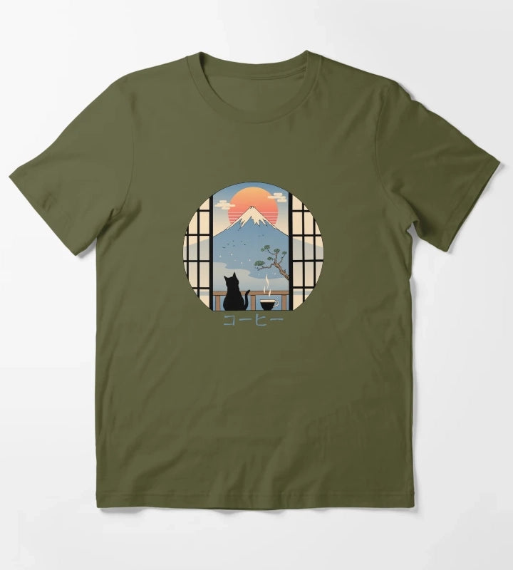 Coffee Cat in Mt Fuji T-Shirt Olive Green