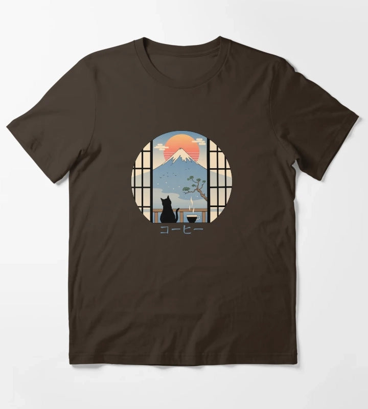 Coffee Cat in Mt Fuji T-Shirt Brown