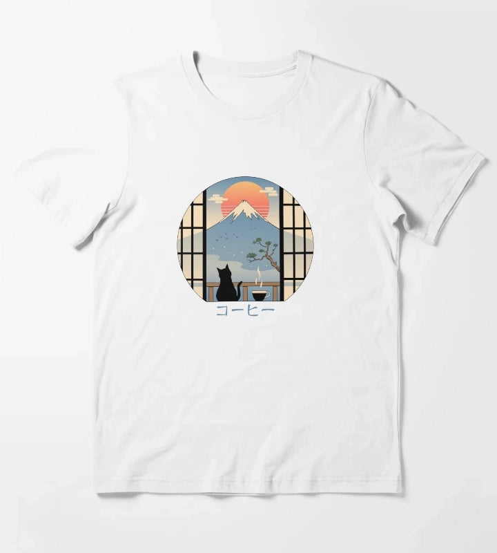 Coffee Cat in Mt Fuji T-Shirt White