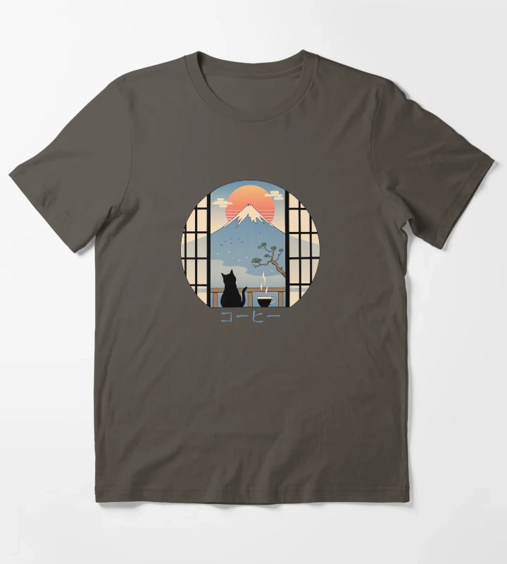 Coffee Cat in Mt Fuji T-Shirt Dark Grey