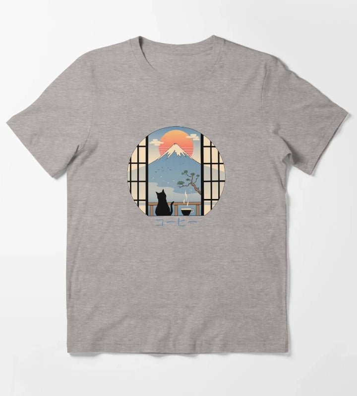 Coffee Cat in Mt Fuji T-Shirt Heather Grey