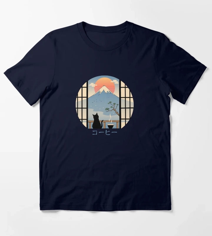 Coffee Cat in Mt Fuji T-Shirt Navy
