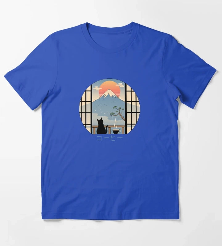 Coffee Cat in Mt Fuji T-Shirt Blue