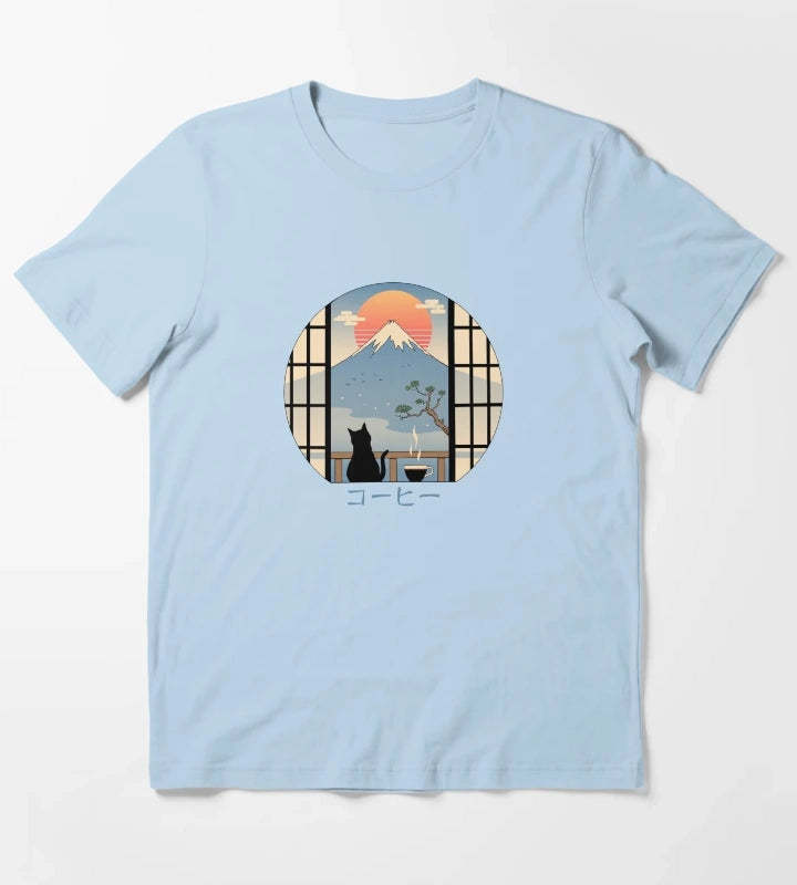 Coffee Cat in Mt Fuji T-Shirt Sky Blue