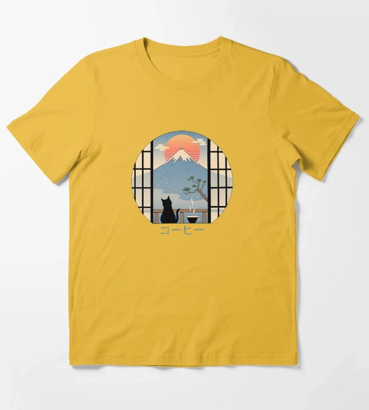 Coffee Cat in Mt Fuji T-Shirt Yellow