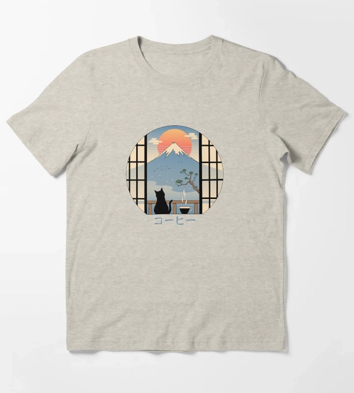 Coffee Cat in Mt Fuji T-Shirt Cream