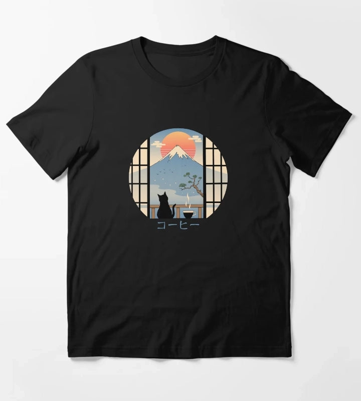 Coffee Cat in Mt Fuji T-Shirt