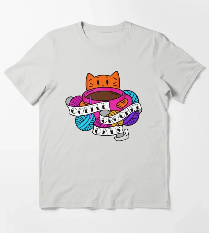 Coffee Crochet Cats T-Shirt Light Grey