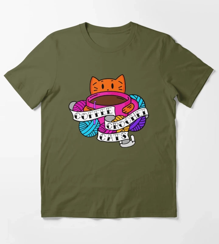 Coffee Crochet Cats T-Shirt Olive Green
