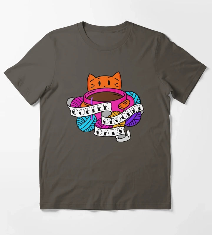 Coffee Crochet Cats T-Shirt Dark Grey
