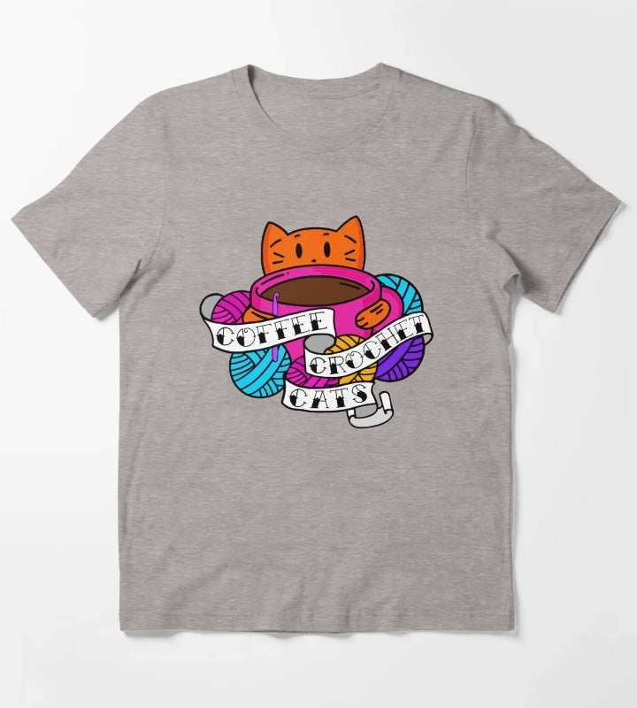 Coffee Crochet Cats T-Shirt Heather Grey
